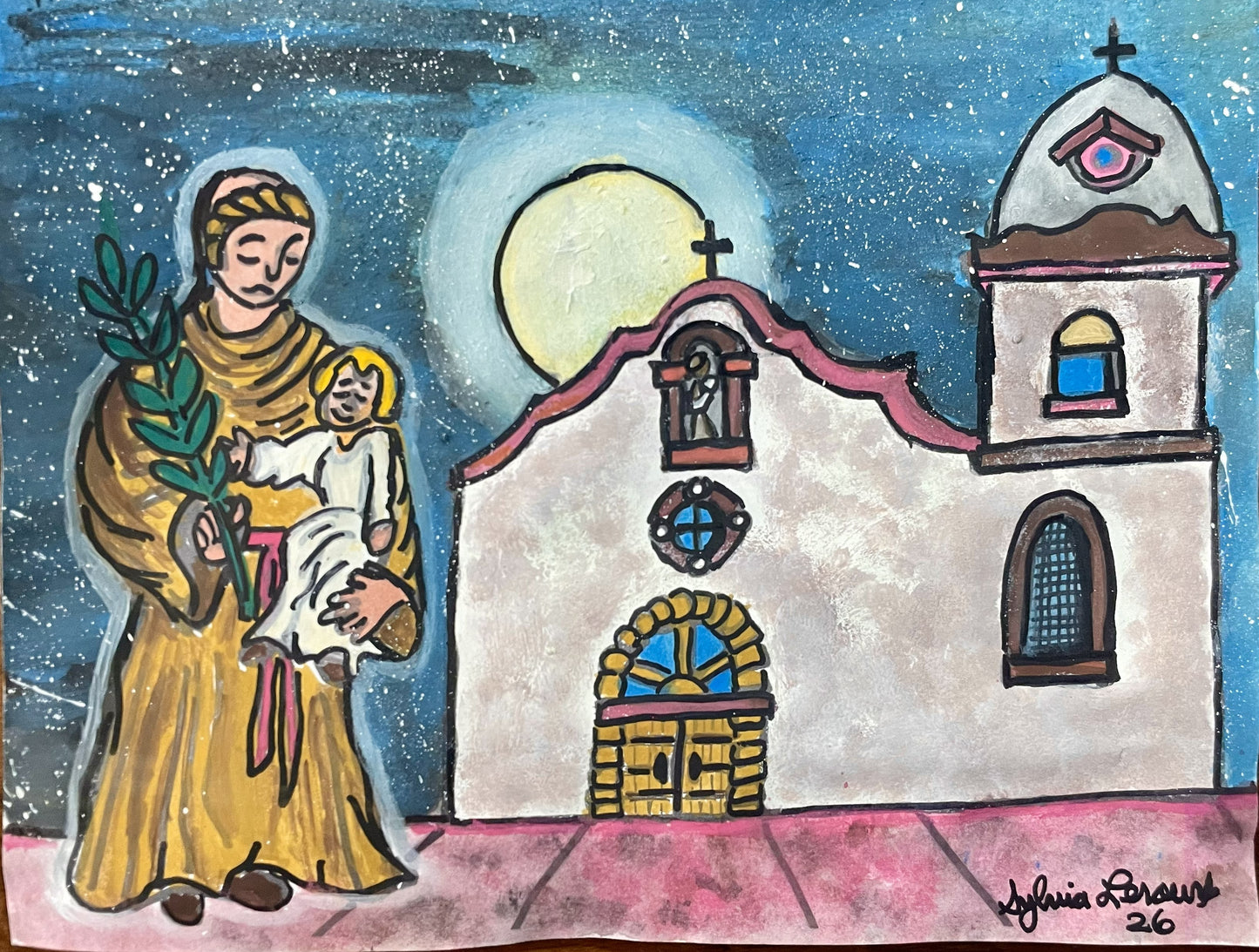 5.5-inch Saint Anthony magnet featuring Ysleta Mission art, souvenir magnet from Sylvia Leroux, El Paso gifts and collectibles.