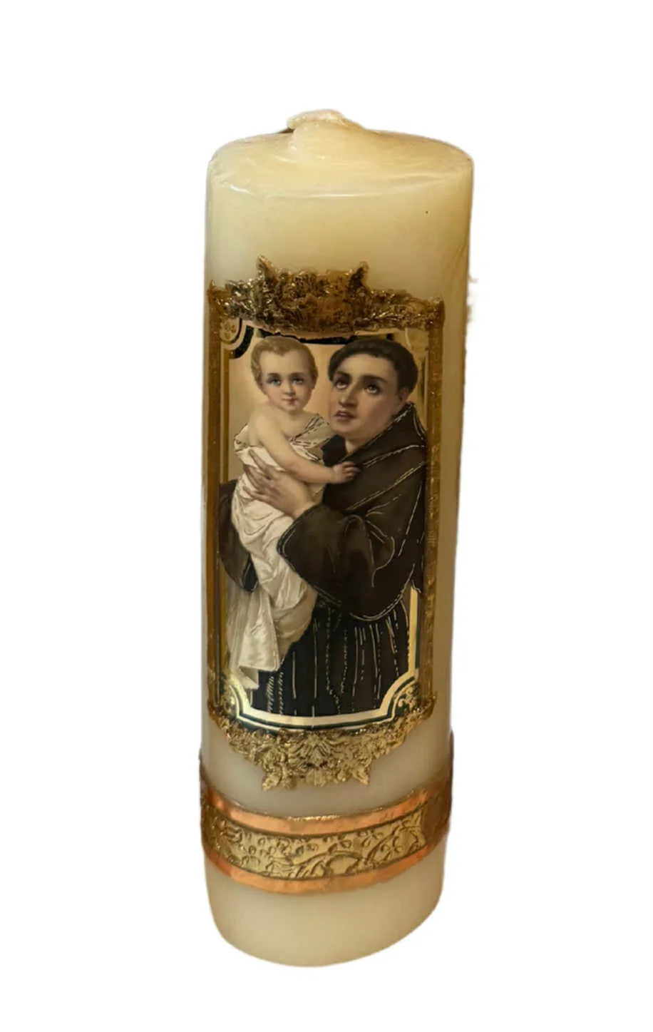 Saint Anthony of Padua Devotional Candle – Natural Beeswax/Soy Wax with Ornate Gold Accents - Ysleta Mission Gift Shop