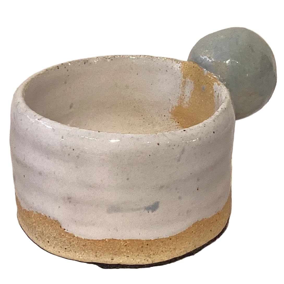 Handmade Mini Clay Catch-All Bowls 1.5 in - Assorted Styles, B- White and Blue Tapered handmade clay pottery from Ysleta Miss