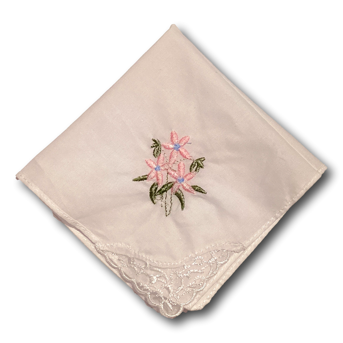 Cotton embroidered handkerchief with intricate floral designs, perfect for tablescapes, by Ysleta Mission Gift Shop.