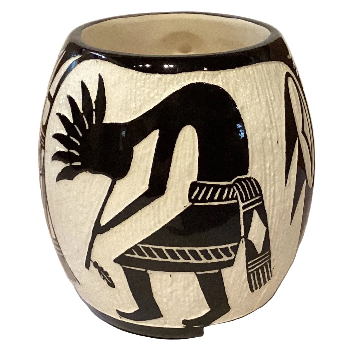 Hand-glazed Sgraffito mug with tribal-inspired design, 4-inch ceramic drinkware from Ysleta Mission Gift Shop.