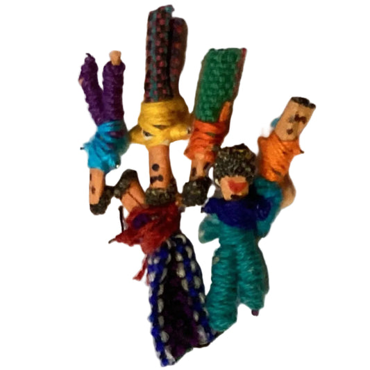 Set of colorful worry dolls with 1.75-inch box and 0.75-inch dolls, handcrafted home and garden figurines by Ysleta Mission Gift Shop.