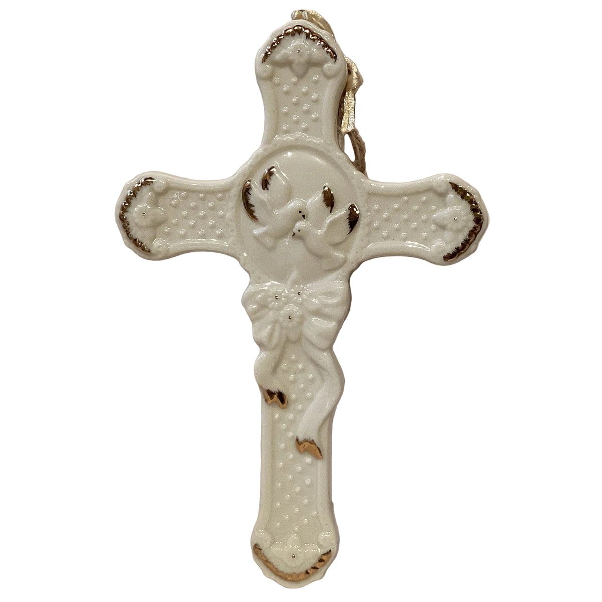 Holy Spirit porcelain cross with gold accents, 10-inch Catholic Christian crucifix featuring detailed craftsmanship and religious symbolism.