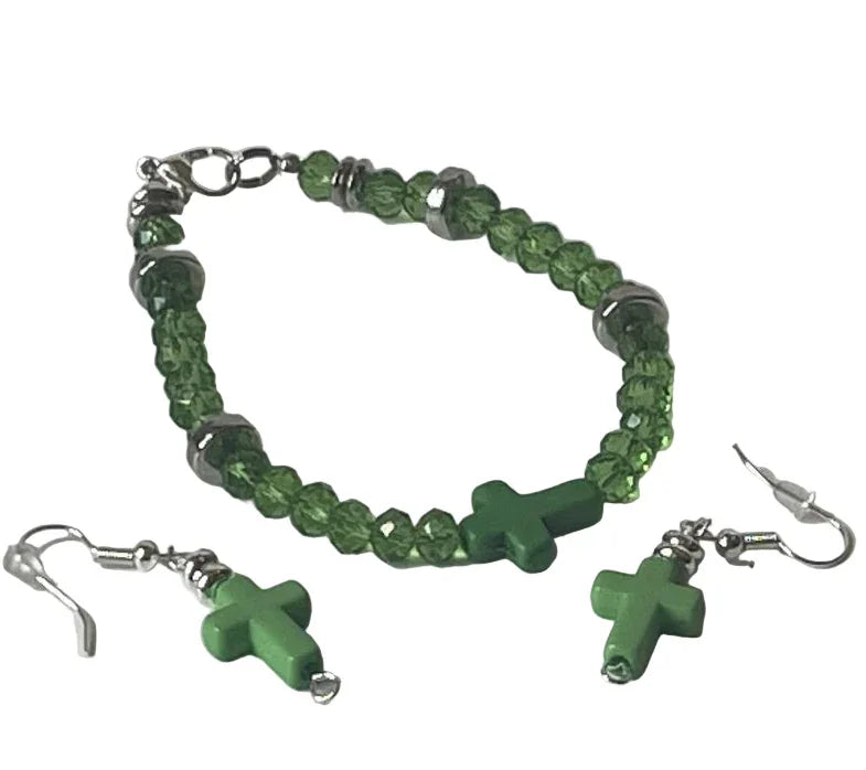 7 Inch Green Crystal Cross Bracelet & 1.5 Inch Matching Earrings - Ysleta Mission Gift Shop