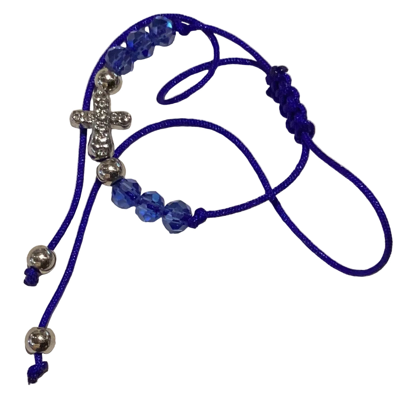Blue beaded Catholic bracelet with cross charm, adjustable nylon bracelet for Christian faith, from Ysleta Mission Gift Shop.