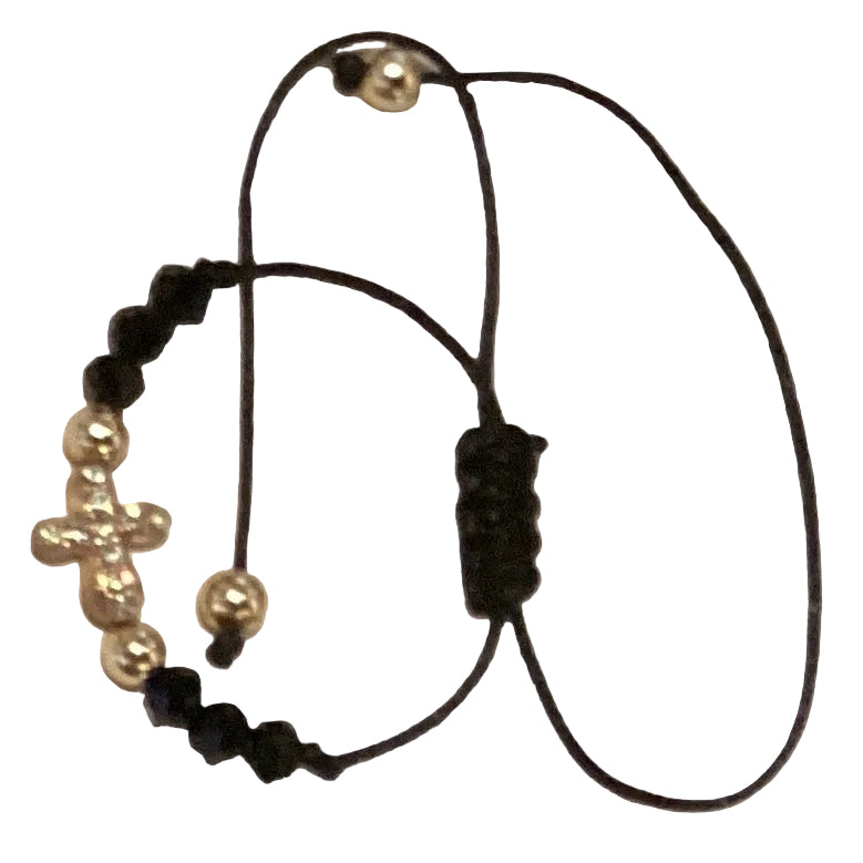 Black nylon string bracelet with cross pendant and black beads, Catholic Christian jewelry, adjustable design.