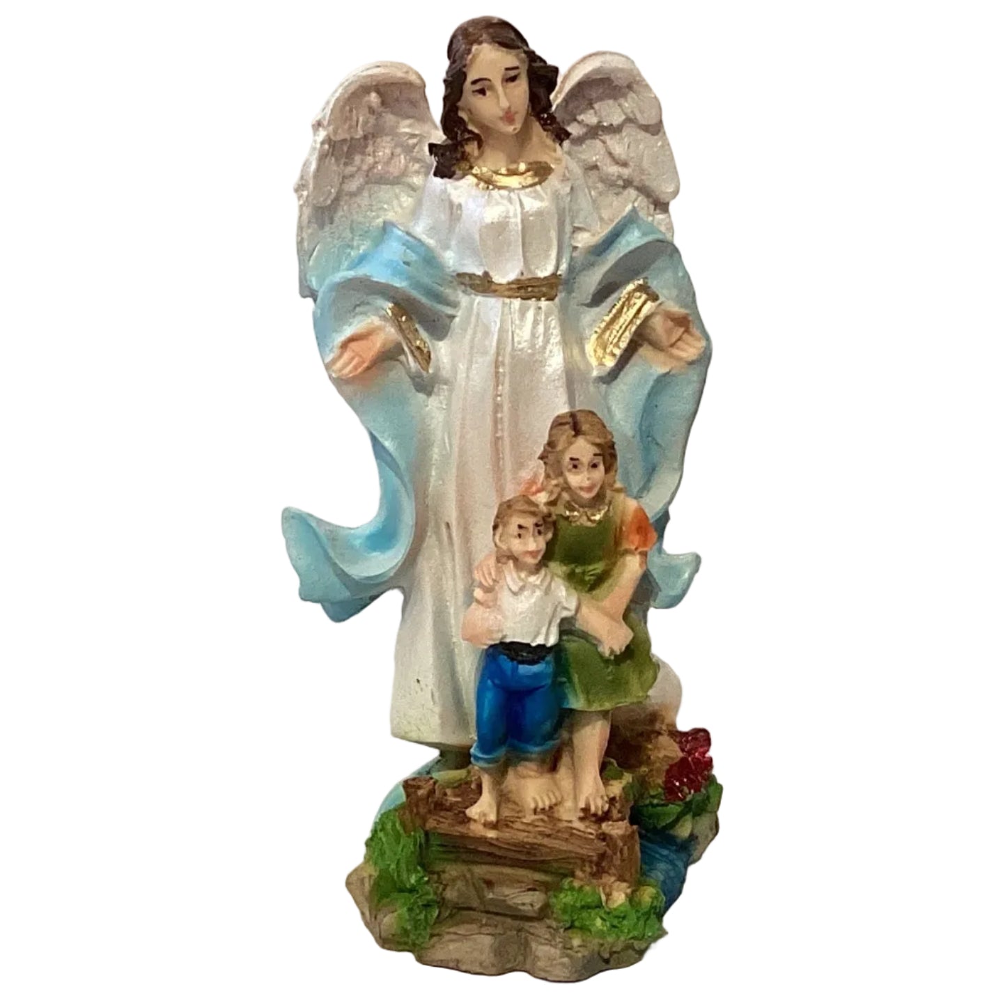Resin guardian angel statue watching over children, 8-inch Catholic religious figurine with detailed craftsmanship.