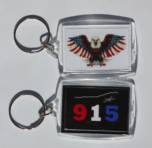 915 American Eagle Acrylic Photo Key Chain – Double-Sided (2 1/8" x 1 1/2") - Ysleta Mission Gift Shop