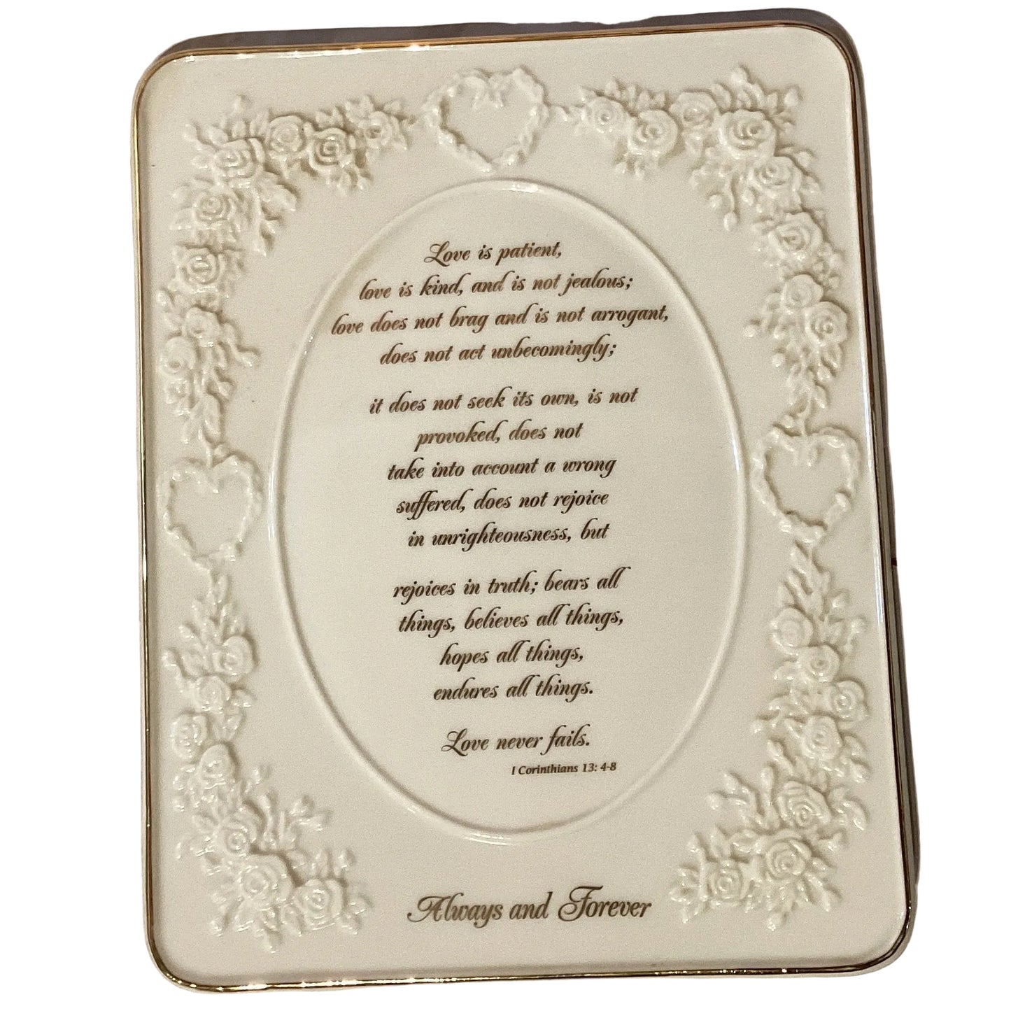 Always and Forever porcelain plaque, 9-inch Catholic Christian devotional wall plaque with religious verse and cross design.