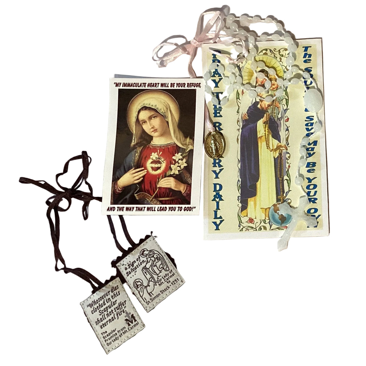 Catholic Immaculate Conception prayer devotional set with rosary, scapular, medal, and prayer cards featuring religious imagery.