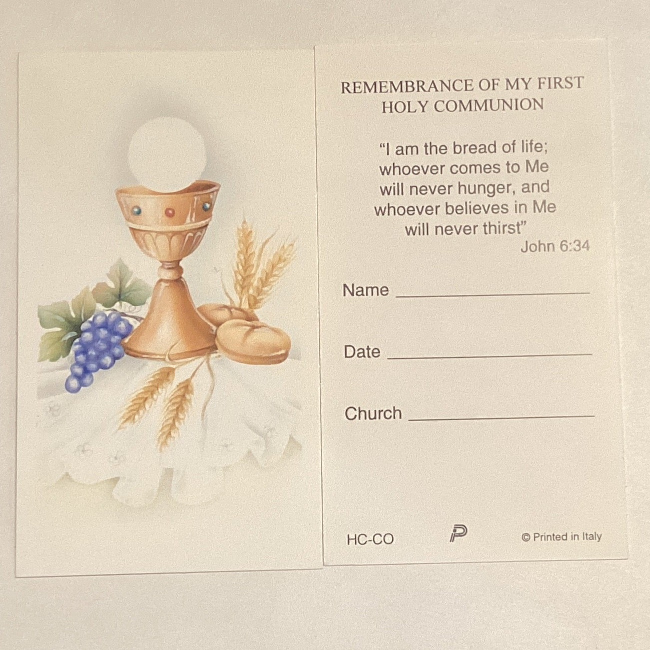 “Remembrance of My First Holy Communion 6:34” Prayer Card Printed in Italy