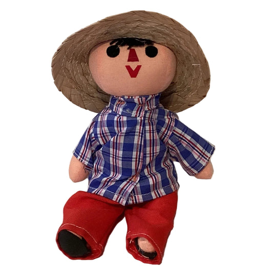 Handcrafted Mexican Pedro Boy doll by Jose Alberto Chavez, traditional rag doll with colorful clothing and posable features.