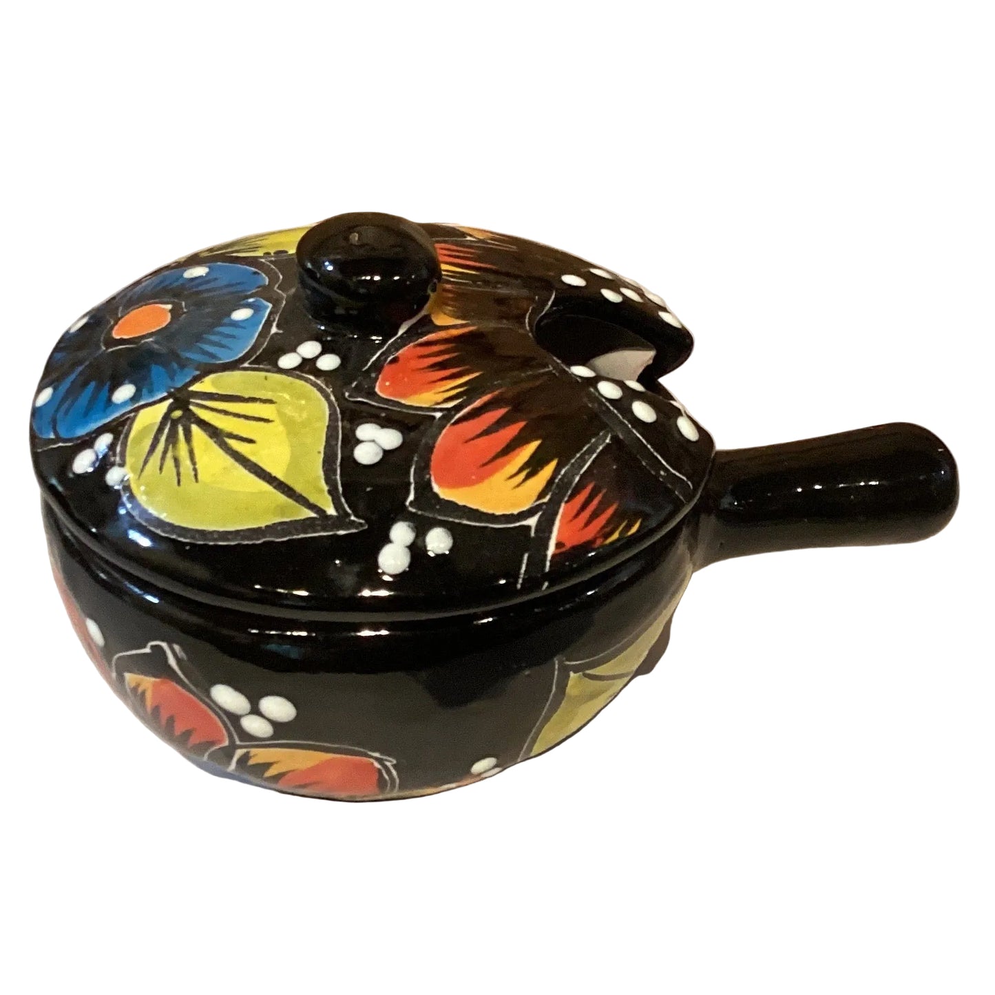 Handcrafted salsa bowl with lid and serving spoon, made by Ysleta Mission Gift Shop, perfect for home garden or salsa serving.