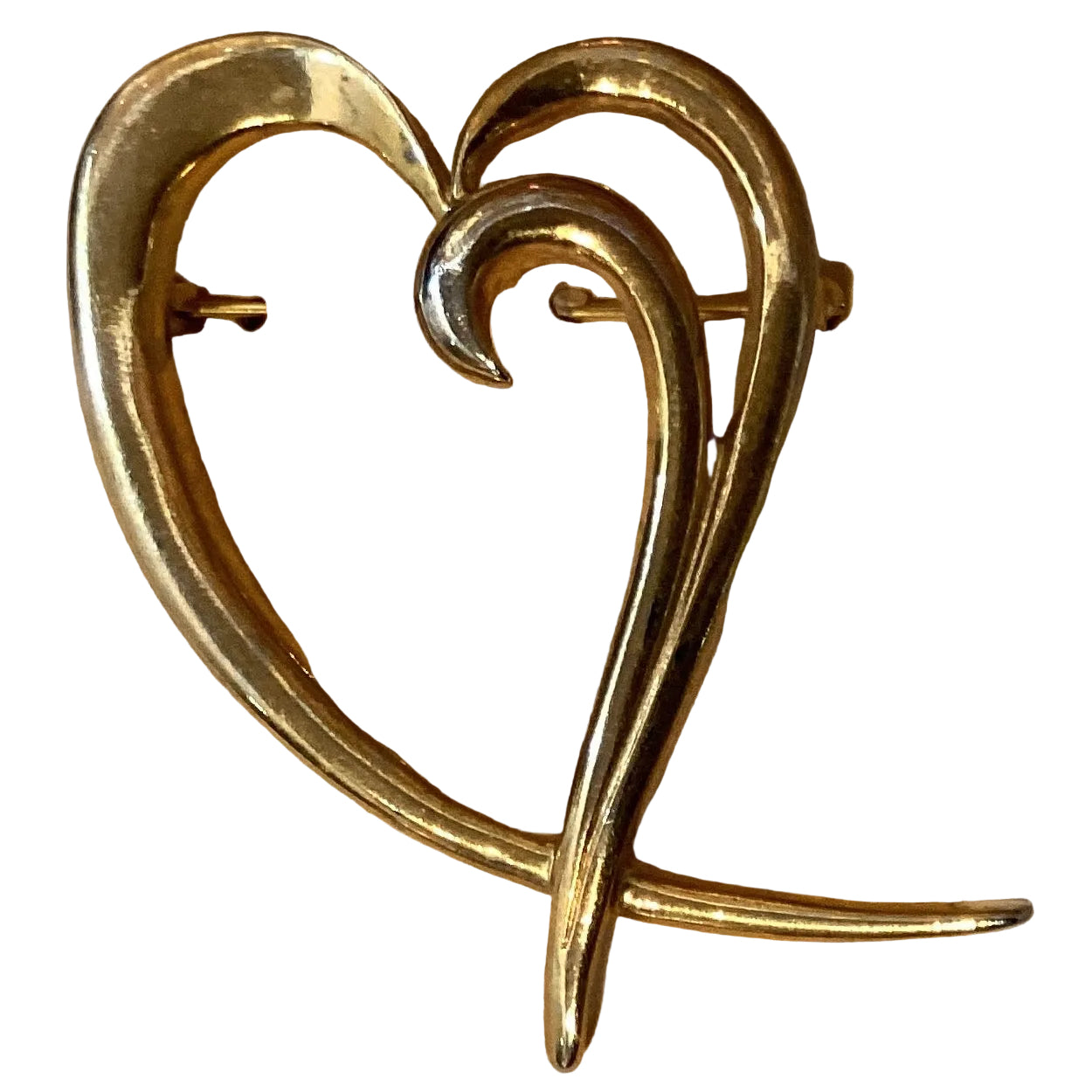 Gold and silver Catholic brooch featuring Christian symbols, 2.25 inches, from Ysleta Mission Gift Shop.