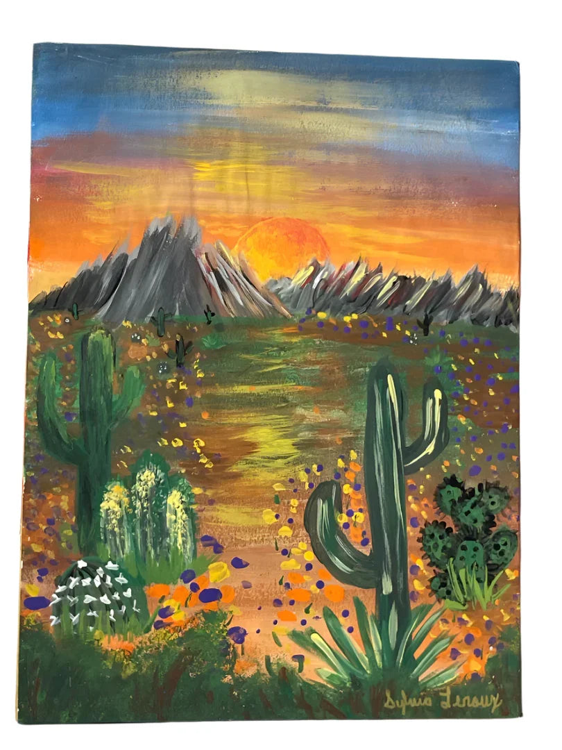 Acrylic Painting - 9x12 Desert Sunset with Painted Wood Frame - Ysleta Mission Gift Shop