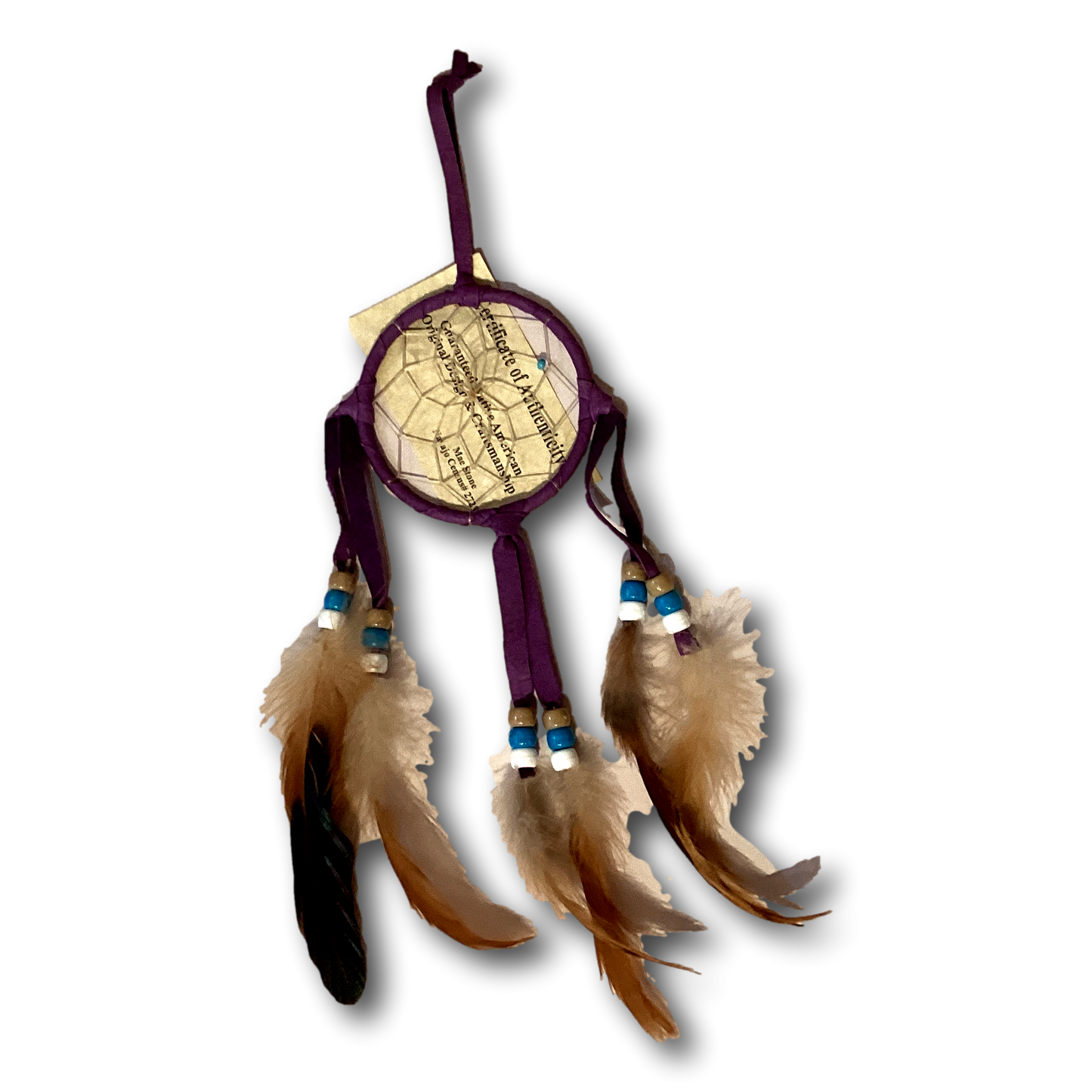 Native American 9-inch dreamcatcher from Ysleta Mission Gift Shop, hanging as wall art for home decor and protection.