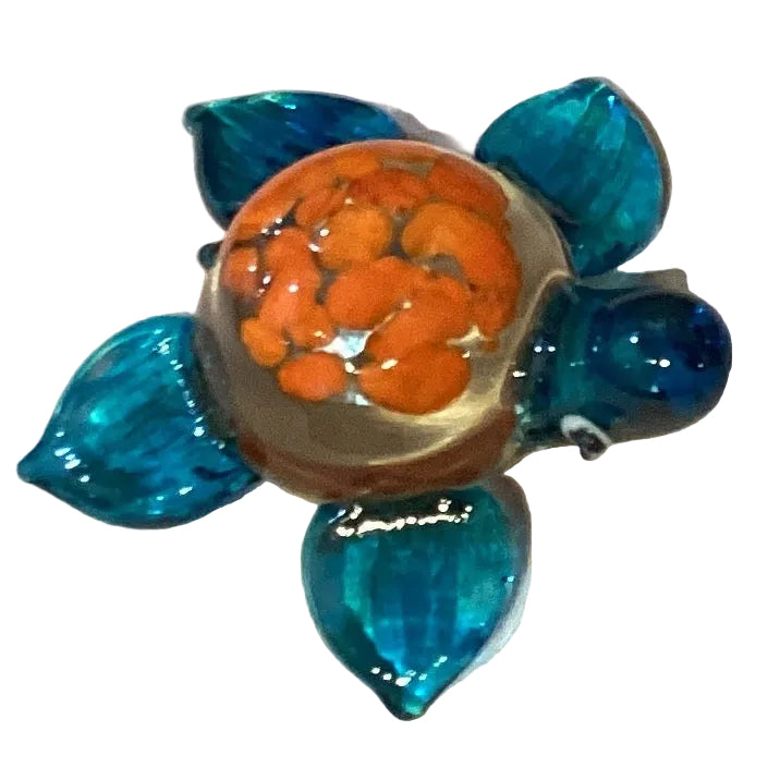 Blue glass sea turtle figurine, 2.5 inches, decorative home and garden ornament from Ysleta Mission Gift Shop.