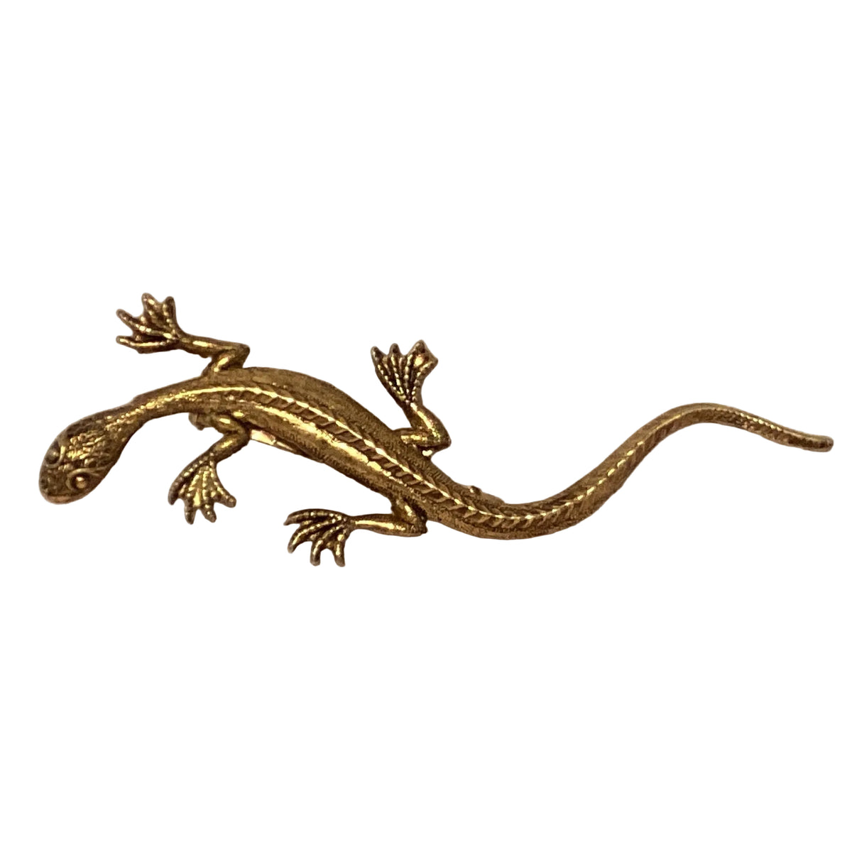 Gold lizard brooch with intricate details, reptile jewelry accessory, approximately 4 inches, crafted by Ysleta Mission Gift Shop.