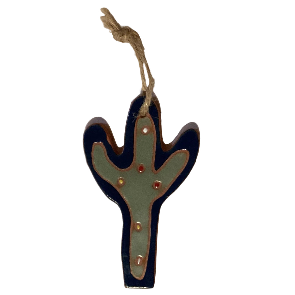 Handmade 4-inch clay cactus ornament from Ysleta Mission Gift Shop, perfect for home and garden decor.