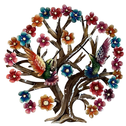 Metal wall art featuring a circle Tree of Life with two hummingbirds, 19x18 inches, suitable for home and garden decor.