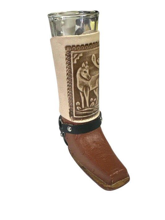 Handcrafted Real Leather Boot Shot Glass | Assorted Styles – 6" Removable Glass Insert - Ysleta Mission Gift Shop