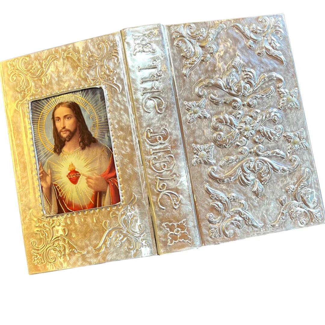 Bible (English) Sacred Heart of Jesus Hand-Embossed Aluminum Design| Religious Decor Gift