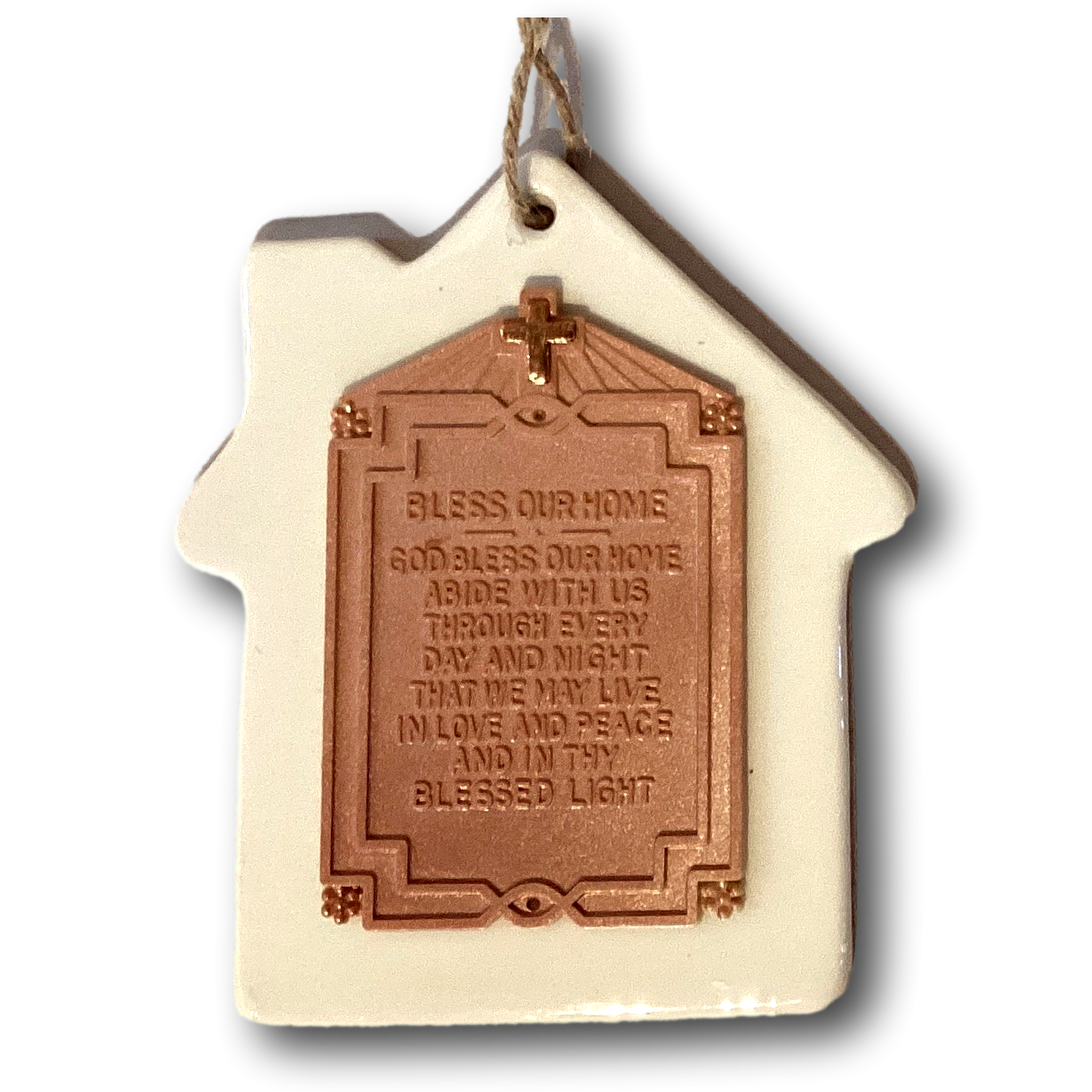 Bless Our Home ceramic ornament featuring Christian blessing design, perfect for Catholic and Christian home decor.