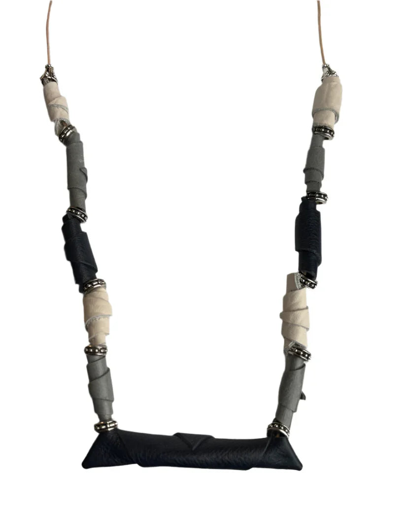 Blue- Grey & White Leather Necklace- Silver Bead Accents- Leather Cord- 15 or 10 Length - Ysleta Mission Gift Shop