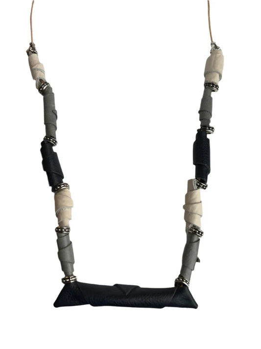 Blue- Grey & White Leather Necklace- Silver Bead Accents- Leather Cord- 15 or 10 Length - Ysleta Mission Gift Shop