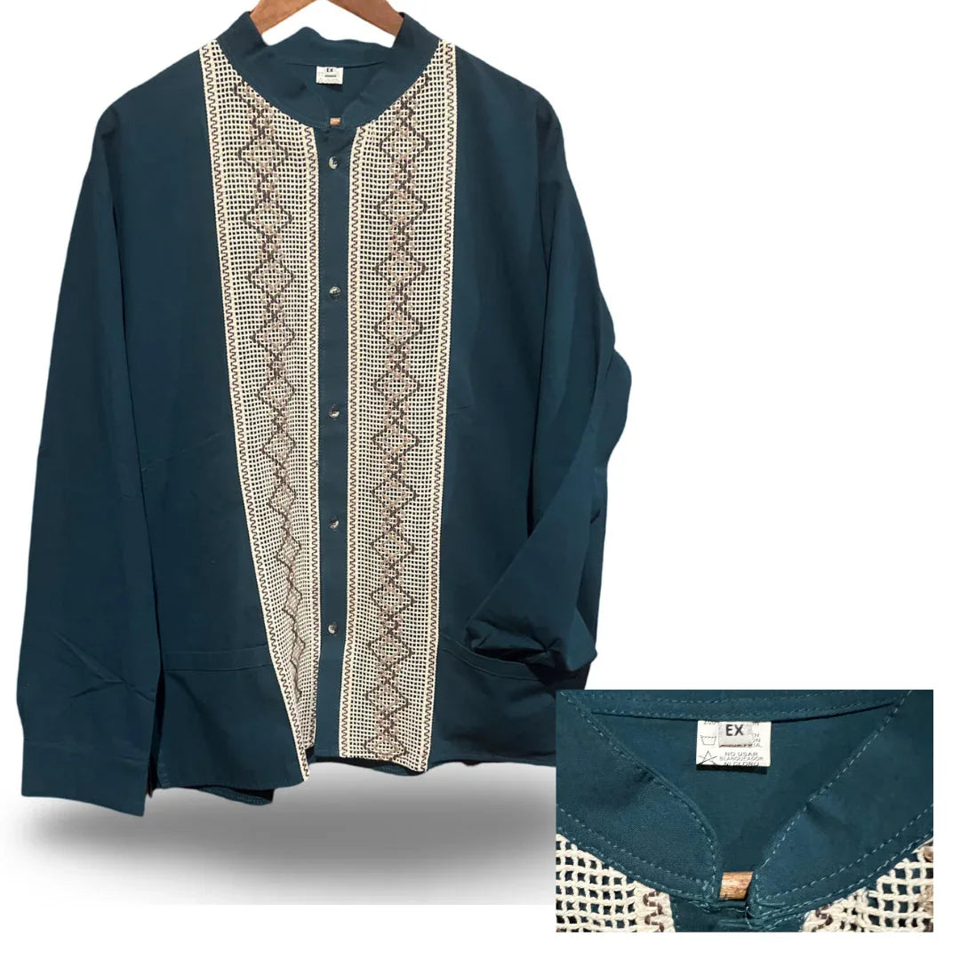 Men's Cotton Guayabera Shirt - Button-Down, XL-XXL, Front Pockets, Mexico - Ysleta Mission Gift Shop