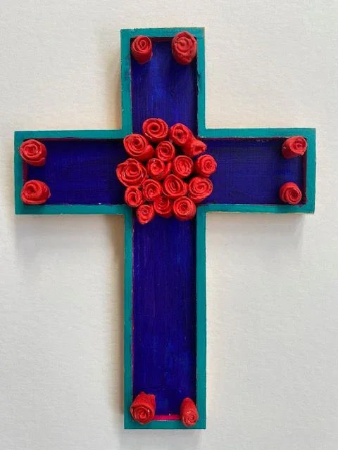 White Wood Cross with Pink Roses – Hand-Painted Decorative Cross (9×6.5×0.75)