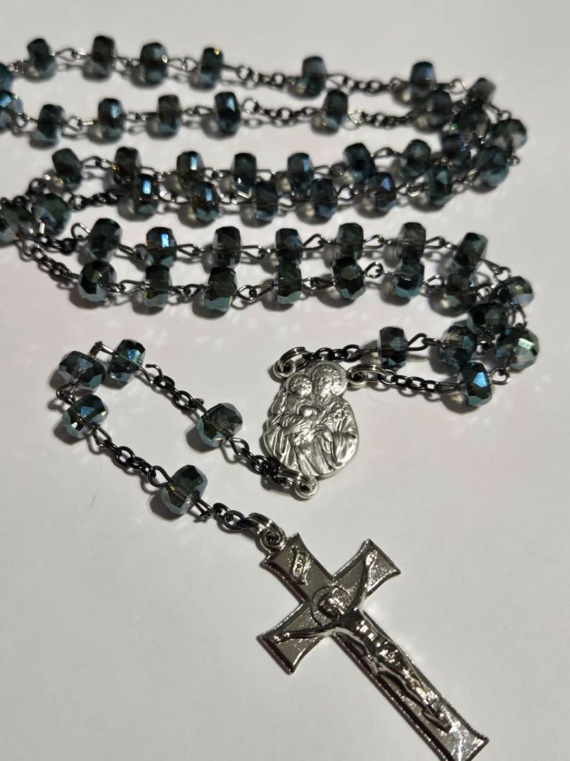 Elegant Blue Crystal Saint Joseph Rosary with Sterling Silver Crucifix
