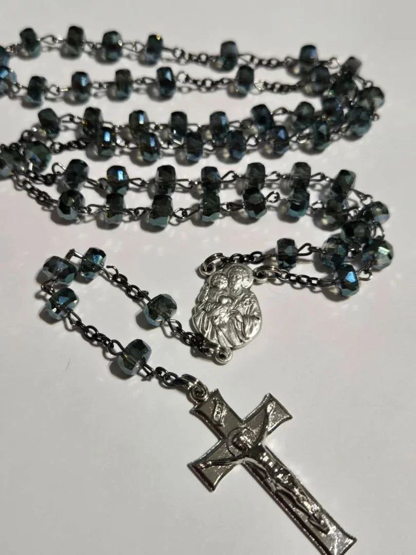 Elegant Blue Crystal Saint Joseph Rosary with Sterling Silver Crucifix - Ysleta Mission Gift Shop