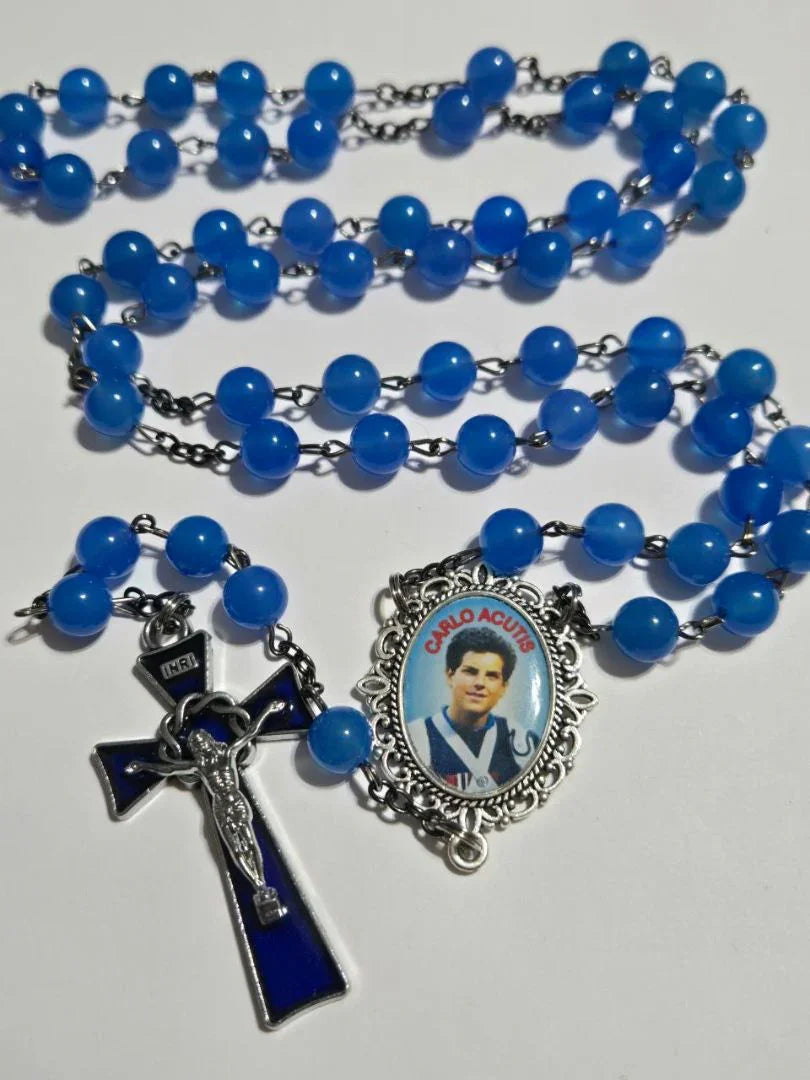 Glass Blue Carlos Acutis Rosary – A Tribute to Youthful Faith - Ysleta Mission Gift Shop