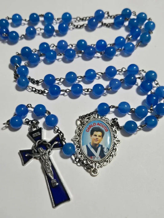 Glass Blue Carlos Acutis Rosary – A Tribute to Youthful Faith - Ysleta Mission Gift Shop