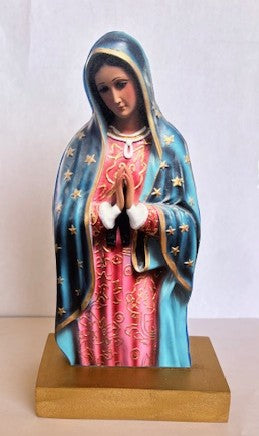 Blue Virgin Mary wooden cutout figurine, 7.5 x 4 x 2.5 inches, Catholic Christian statue by Miguel Martinez, detailed religious decor.