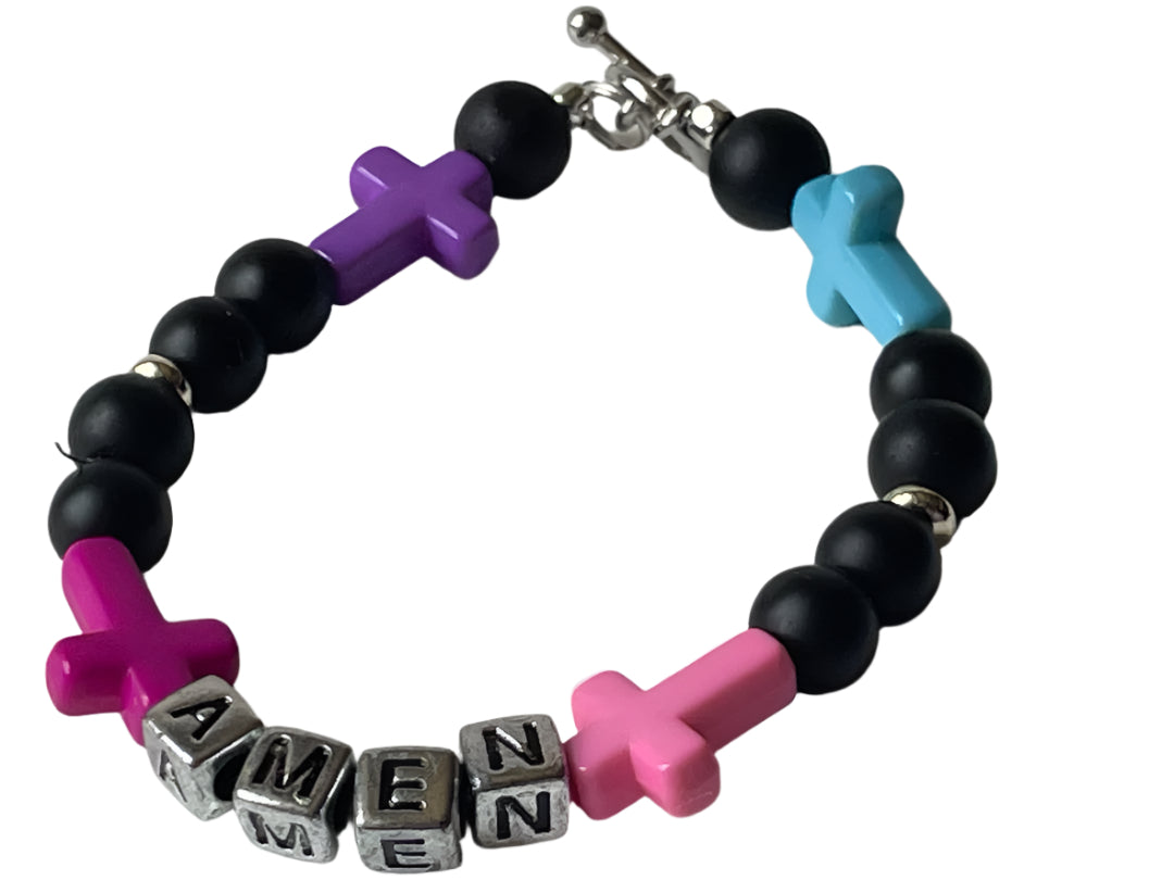 Pink, Purple & Turquoise Cross Amen Bracelet – 6.5 Inches