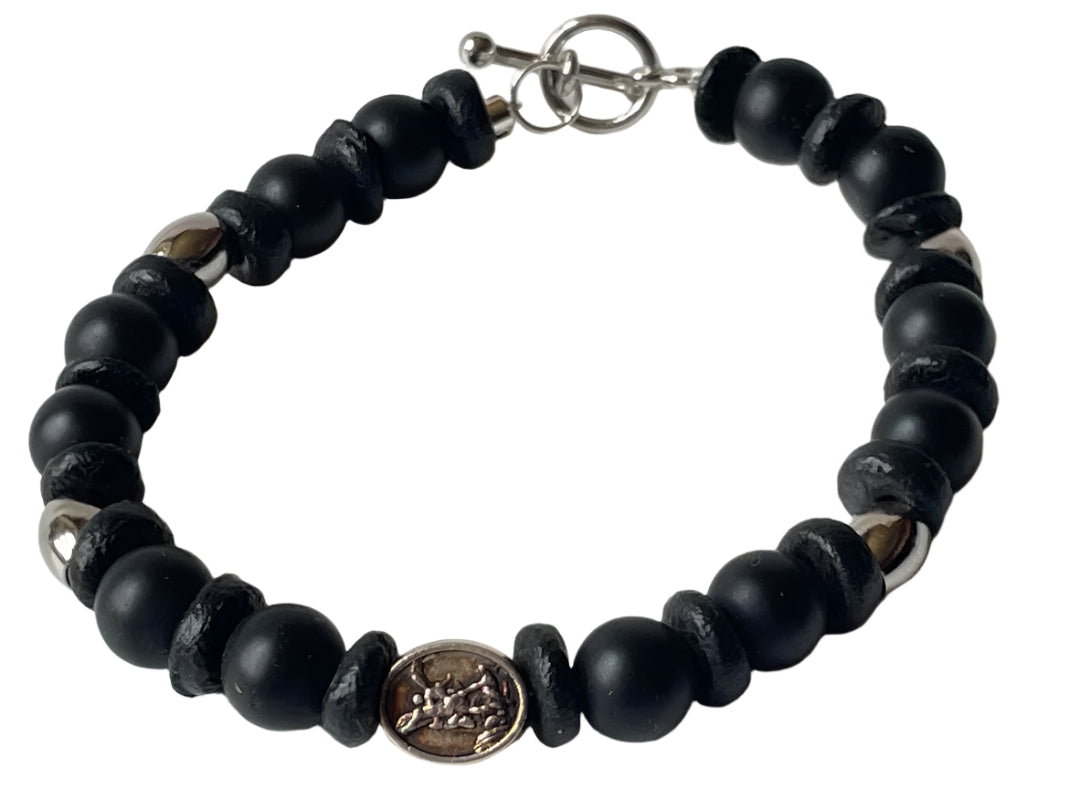 Black Stone & Saint Michael Toggle Bracelet – 6.75 Inches