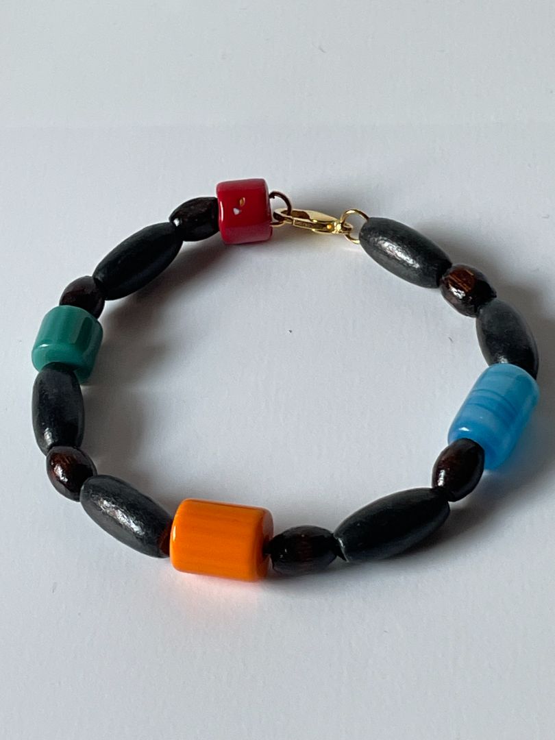 Multicolor Glass Cylinder Bead Bracelet with Gold Lobster Clasp, 7-Inch
