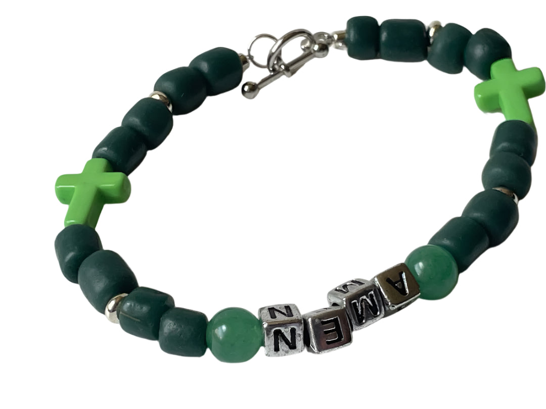 Teal & Turquoise Cross Bracelet with Amen Bead – 7 Inches