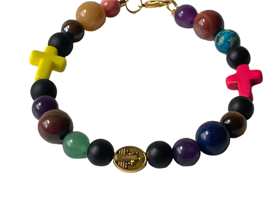 Multicolor Stone & Gold Saint Benedict Bracelet – 7.5 Inches
