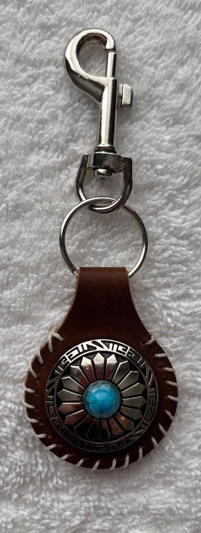 Brown Leather Keychain with Silver & Turquoise Concho – 5×2