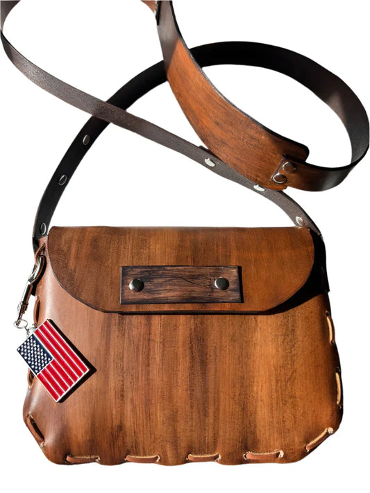 Brown Veg Tan Leather Crossbody Bag with USA Flag Keychain – Handmade Patriotic Leather Bag - Ysleta Mission Gift Shop