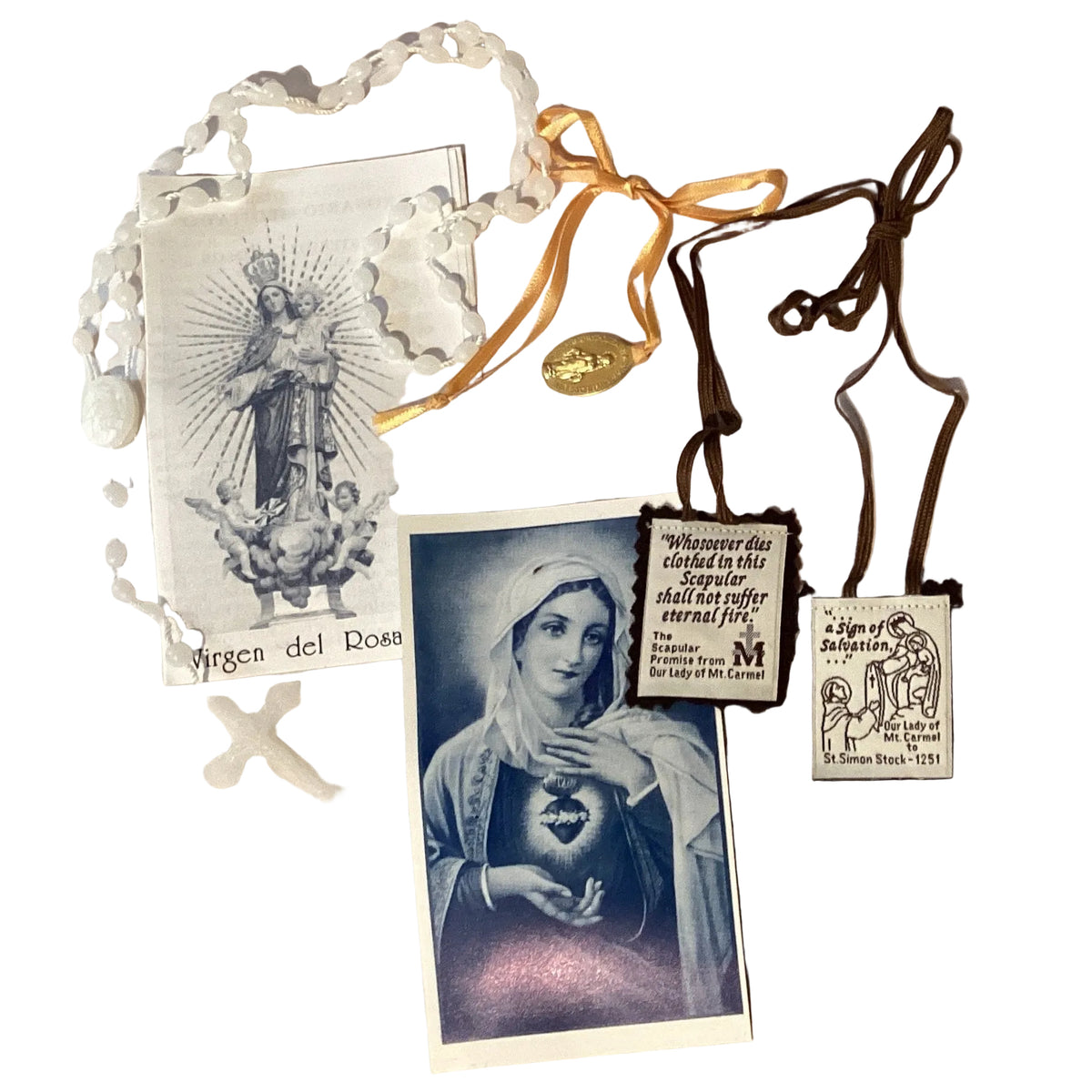 Catholic Immaculate Heart of Mary prayer set with rosary, scapular, medal, and prayer cards, featuring religious symbols and craftsmanship.