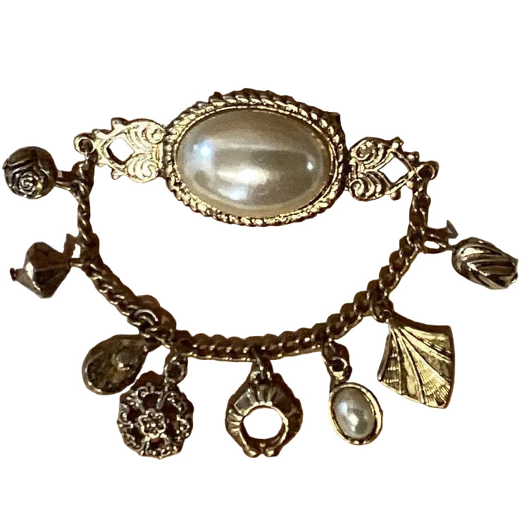Silver pearl dangling charms brooch featuring Catholic Christian symbols, ideal for religious jewelry and gift accessories.