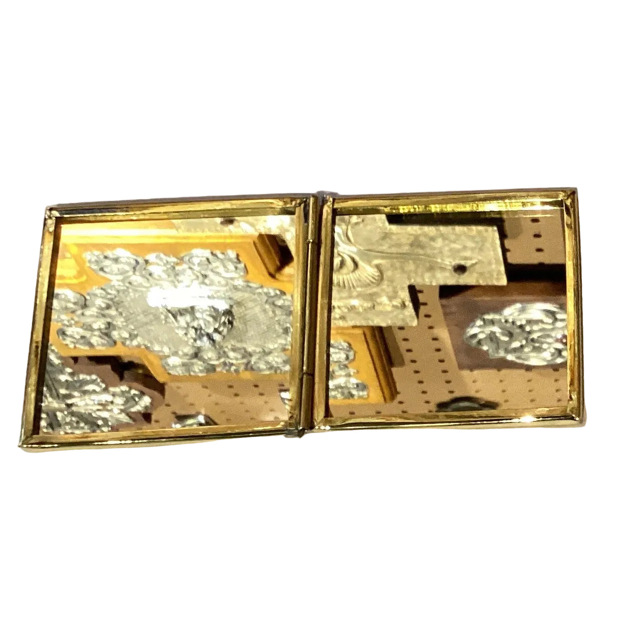 Gold embossed butterfly compact mirror with 2.25-inch size, featuring intricate butterfly design, from Ysleta Mission Gift Shop.