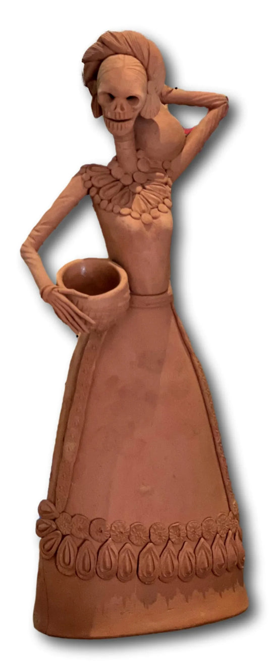 Natural Red Clay Catrina Figurine- Rustic Mexican Folk Art Skeleton Statue, 18 x 8 Inches - Ysleta Mission Gift Shop