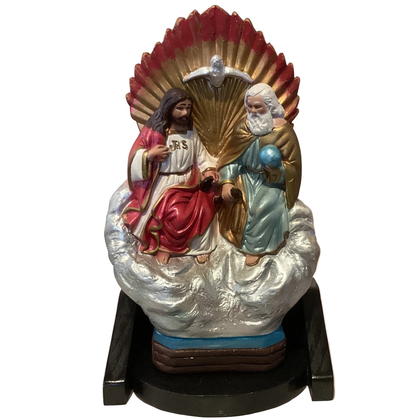 Ceramic Trinity on cloud statue framed in wood religious wall hanging Catholic Christian decor 14 inch