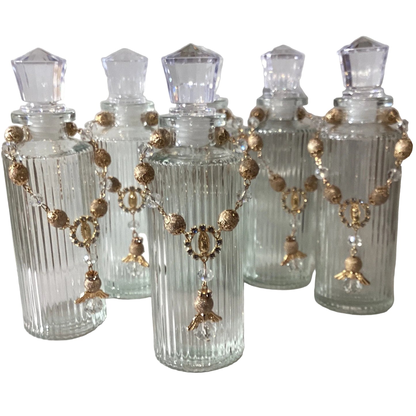 Clear glass holy water bottle and Guadalupe car rosary set, Catholic Christian gifts with religious symbols and detailed design.
