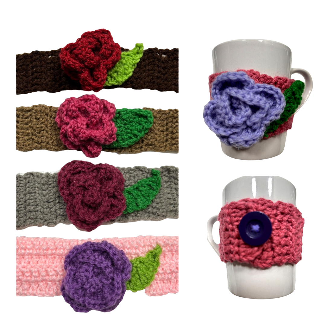 Crochet Coffee Sleeve – 12 oz Cup Holder with Rose Accent